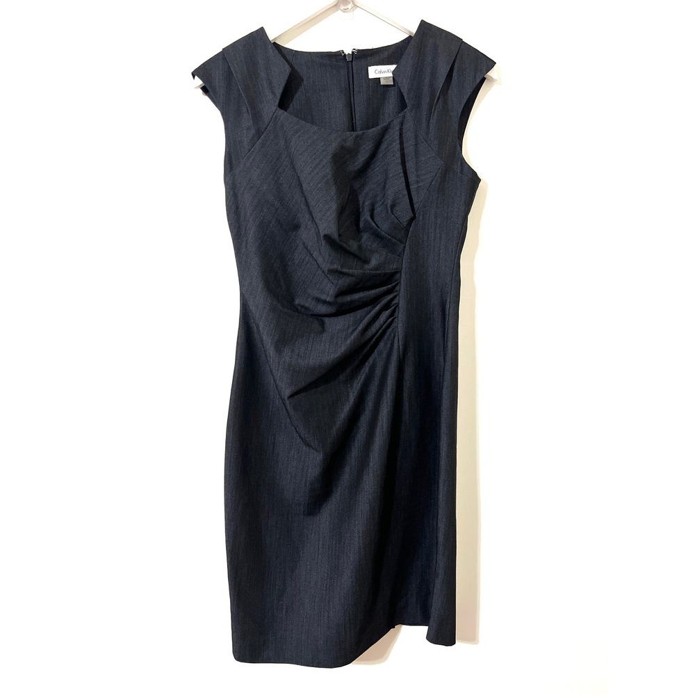 CALVIN KLEIN Sheath Dress 4 Blue Ruched Cap Sleeve Knee Length Professional